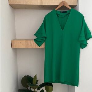 Zara Vibrant Green Ruffle Sleeve Blouse